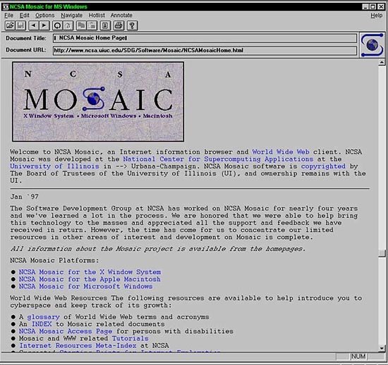 NCSA Mosaic home page displayed in the NCSA Mosaic browser