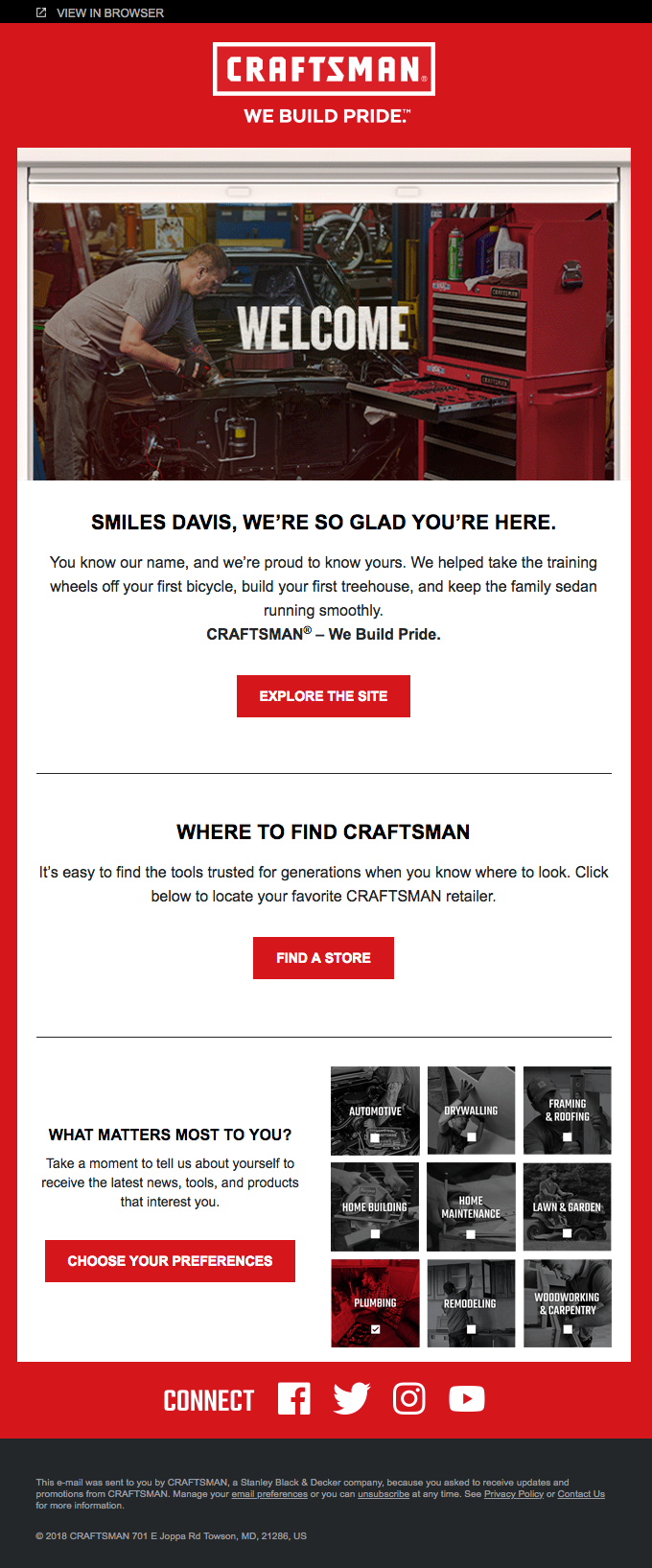 Automated Welcome Email From Craftsman With a Red Background