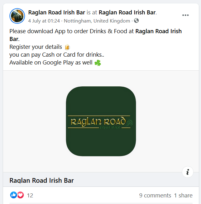 raglan road bar app facebook promo