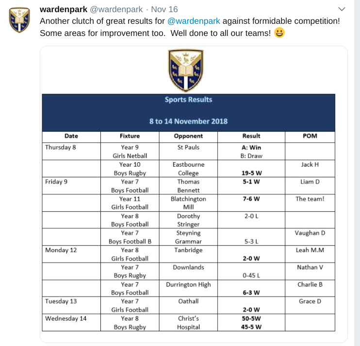 School Sporting Achievements Tweet